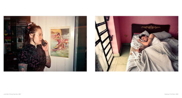 A diptych of two color photographs from 1997. On the left, a woman with tattooed arms and her hair in a bun wears a dark, patterned top and speaks on a cordless phone. On the right, a person with tattoos on their arms sleeps in a bed with a dark headboard in a room with bright pink walls.