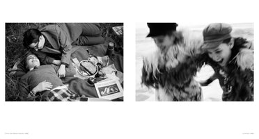 A black and white diptych. The photo on the left, from 1966, shows a man in a suit and glasses leaning over a woman lying on a picnic blanket in the grass. The photo on the right, from 1984, is a blurry, candid shot of two people in hats and feathery coats laughing and running on a beach.