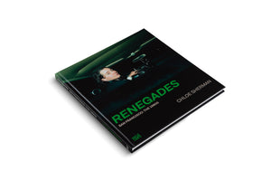 A black hardcover book titled Renegades: San Francisco: The 1990s by Chloe Sherman, set against a white background. The cover features a photograph of a person with short dark hair looking up from the driver's seat of a car with a dark green interior. The title is in large, bright green letters.
