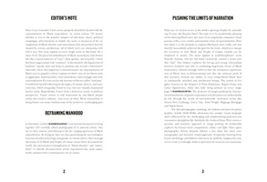 A two-page spread from a book with black text on a white background. The left page, numbered 2, has sections titled EDITOR'S NOTE and REFRAMING MANHOOD. The right page, numbered 3, is titled PUSHING THE LIMITS OF NARRATION. The text discusses the representation of Black masculinity in visual culture and a book titled BLACK MASCULINITIES.