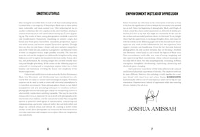 A two-page spread from a book, pages 6 and 7. The left page is titled EMOTIVE UTOPIAS and discusses the work of Black photographers. The right page is titled EMPOWERMENT INSTEAD OF OPPRESSION and contains an essay on representation, ending with the signature and printed name of Joshua Amissah.