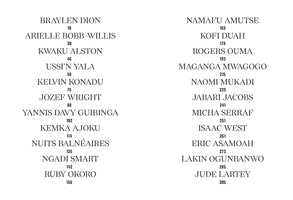 A table of contents with two columns of names and page numbers in a black serif font on a white background. Each entry lists a name in all caps with a page number below it. The left column starts with Braylen Dion, and the right column starts with Namafu Amutse.