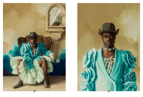 A two-panel fashion photograph of a Black person in a high-fashion, androgynous outfit. On the left, they sit in an ornate chair wearing a turquoise blazer with large rosettes, a ruffled mint green skirt, a gray hat, and cowboy boots. On the right is a close-up portrait focusing on their direct gaze, the hat, and the details of the jacket and a pearl choker against a muted, painterly background.
