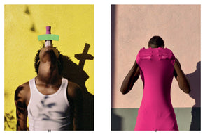 A diptych of two portraits in bright sunlight. On the left, a Black person in a white tank top tilts their head back against a yellow wall, balancing a colorful toy sword on their chin, creating a dramatic shadow. On the right, a person seen from behind wears a tight magenta top and pulls it over their head, their hands stretching the fabric from the inside against a pink wall.