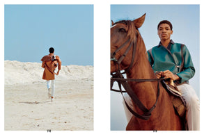 A two-panel fashion photograph. On the left, a man in a terracotta-colored jacket and white pants walks across a sandy, barren landscape. On the right, a close-up shows a young Black man wearing a structured teal jacket, looking at the camera while sitting on a brown horse.