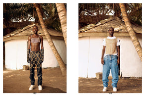 A fashion diptych showing a Black model in two different outfits, photographed outdoors in front of a white building and palm trees. On the left, he wears a chainmail-style bralette, black leather pants with a gold chain overlay, and long black gloves. On the right, the same model wears a gold chainmail vest over a white T-shirt and baggy, high-waisted blue jeans.