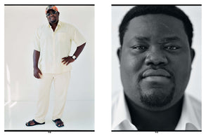 A photographic diptych of a Black man. On the left is a full-length color portrait of him standing against a white background, wearing a light-colored shirt and pants, sunglasses, and a baseball cap. On the right is a tight, black-and-white, close-up shot of his face as he looks directly at the camera with a serious expression.
