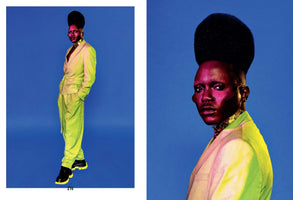 A two-panel fashion photograph of a Black person with a tall, sculpted afro against a vibrant blue background. On the left, a full-body shot shows them in a lime-green suit and chunky black shoes with yellow soles. On the right, a close-up portrait reveals their face cast in a magenta light as they look directly into the camera.