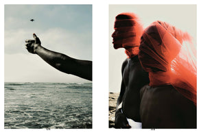 A diptych of two photographs of Black individuals by the sea. The left image shows an arm giving a thumbs-up towards a bird in the sky over the water. The right image shows two people standing close together, their heads and faces obscured by vibrant red, translucent veils.