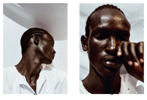 A diptych of two high-contrast, color photographs of a Black man with braided hair and glistening skin against a white sheet. On the left, he is in profile with his eyes closed. On the right, a close-up of his face shows him bringing his hand to his closed eye.