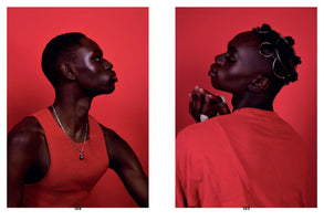 A diptych showing a young Black person with highlighted skin against a vibrant red background. On the left, they are in profile wearing a red tank top and a silver necklace. On the right, they are seen from a three-quarter back view with eyes closed, hands clasped, wearing a red t-shirt and gold hoops in their hair.