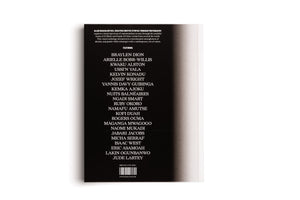 The back cover of the book Black Masculinities: Creating Emotive Utopias Through Photography. The cover is black with white text, featuring a description of the visual anthology and a long list of the contributing artists. The right side of the cover has a grainy, black-to-light-grey gradient. The ISBN, barcode, and publisher's website are at the bottom.