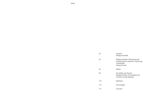 A table of contents in German, titled Inhalt. The page is white with black text. On the left are page numbers and on the right are the chapter titles. The entries include Vorwort, Philipp Fürhofers Phantominseln, Werke, Der Kleber der Illusion, Werkliste, Chronologie, and Literatur.