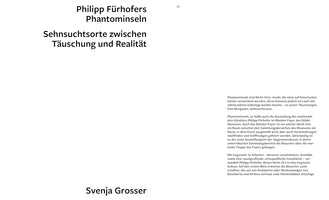 A page from a German-language publication, number 27, with a minimalist layout. On a white background, the top left features the title in large, bold text: Philipp Fürhofers Phantominseln, with the subtitle Sehnsuchtsorte zwischen Täuschung und Realität. On the right are three paragraphs of body text. At the bottom left is the name Svenja Grosser in large, bold type.