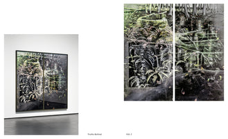 A composite image showing a large artwork in two ways. On the left, the framed diptych hangs on a white gallery wall. On the right is a close-up of the piece. The artwork is a dark, layered composition depicting a forest scene where a ghostly, white-line drawing of a skeletal rib cage is visible beneath green ferns, mossy stumps, and tangled branches. Below the images is the text Truths Behind and Kat. 2.