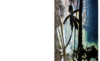 A mixed-media artwork on the right side of the frame features black, dripping silhouettes of palm trees against a layered, dark blue background. The word FOREVER is repeated in vertical columns. The foreground shows silhouetted foliage and small, insect-like figures, all set against a large white space on the left.