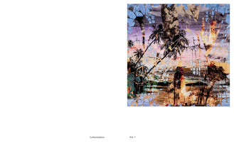A square, abstract artwork on the right side of a white page, titled Carbonization. The image is a heavily distorted and fragmented collage of a tropical landscape with palm trees, overlaid with a shattered, mosaic-like texture in shades of blue, pink, and orange, creating a chaotic effect.
