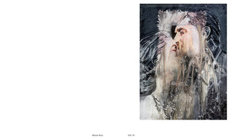 A heavily textured, abstract painting titled Movie Kiss, depicting a man and a woman in profile, leaning in for a kiss. The artwork is rendered in a mostly monochromatic palette with hints of flesh tones. Thick, glossy paint drips down the surface, obscuring their features and giving the impression of a melting or decaying film still. The painting is on the right side of a white background.