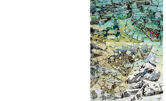 A vertical abstract painting on the right against a white background, depicting a landscape shattered into sharp, mosaic-like pieces. The scene transitions from a chaotic turquoise harbor with fragmented boats at the top, down through an earthy, fractured mid-section, and ends with large, snow-covered rocks at the bottom, creating a sense of a broken or deconstructed world.