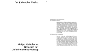 A minimalist two-page spread from a German publication with black text on a white background. The left page features the title: Philipp Fürhofer im Gespräch mit Christine Lemke-Matwey. The right page is headed Der Kleber der Illusion and contains an interview discussing an art exhibition.