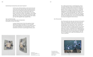 A two-page spread from an art catalog, pages 100 and 101, featuring an interview in German. Below the text are three images of artworks: two on the left show a gray, warped wall sculpture with a crystalline center, and one on the right shows a mixed-media piece with a screen displaying an abstract blue image.