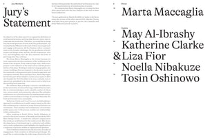 A black and white page from a publication. On the left, a large serif heading reads Jury's Statement, followed by paragraphs of text. On the right, the Winner is listed as Marta Maccaglia, and the Finalists are May Al-Ibrashy, Katherine Clarke & Liza Fior, Noella Nibakuze, and Tosin Oshinowo. The names are in a large, elegant serif font.