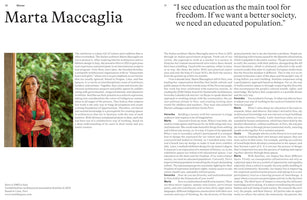 A two-page magazine article about architect Marta Maccaglia. The left page features a portrait of her in a red patterned jacket with arms crossed, set against a leafy green background. The right page has text and a large pull quote about education being the main tool for freedom.