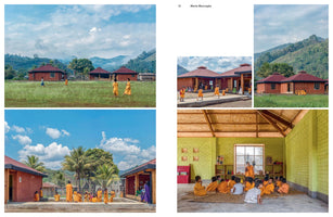 A photo collage of a school in a rural, mountainous setting. Exterior shots show children in orange robes playing outside red brick buildings with unique roofs. An interior shot shows a classroom with lime-green walls where children sit on the floor around a teacher.
