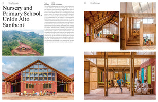 A two-page magazine spread about the Nursery and Primary School in Unión Alto Sanibeni, Peru. On the left, an aerial shot shows the school nestled in a green, hilly landscape, with a ground-level view of its red brick and wood facade below. On the right, three interior photos highlight the warm wood construction, showing children playing and learning in open hallways and multi-level spaces.