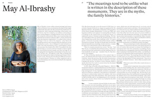 A two-page magazine spread featuring an article about architect May Al-Ibrashy. A portrait on the left shows her with dark curly hair and a black top, smiling with her arms crossed. The page includes biographical text. The right page features a large quote and the rest of the interview in columns.