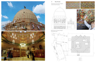 A page layout about the Mausoleum of al-Imam al-Shafi'i, combining photographs and architectural drawings. Photos show workers on scaffolding around the large exterior dome, the ornate gold and green patterned interior, a conservator restoring a painted ceiling, and close-ups of decorative friezes. Line drawings depict the building's east elevation and ground floor plan.