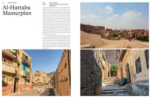 A page layout for the Al-Hattaba Masterplan project in Cairo. The page includes text on the left and three photographs on the right, showing scenes from the historic neighborhood: a wide cityscape of sandy-colored buildings and domes, a narrow street with a child, and a stone alley with steps.