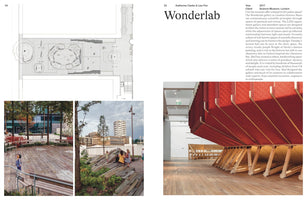 A two-page magazine spread about the Wonderlab project. The left page shows an architectural plan of a public space, with two photos below of people enjoying urban parks. The right page features text and a large photo of an indoor gallery with a prominent, suspended red quilted structure supported by wooden A-frames over a hardwood floor.