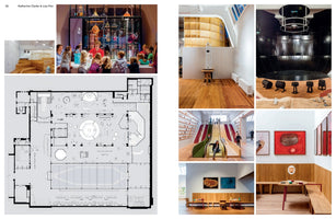 A magazine-style layout showcasing an architectural project. On the left is a large, detailed floor plan. On the right, a collage of photos shows the interior: children engaging with a science exhibit, a grand staircase with slides built into it, a large dark circular room, and minimalist wooden seating areas with modern art on the walls.