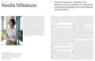 A two-page magazine article about Rwandan architect Noella Nibakuze. The left page features a professional portrait of Nibakuze, a Black woman with short curly hair, smiling with her arms crossed, alongside her biography. The right page features a large quote from her about inclusion and the text of an interview in two columns.