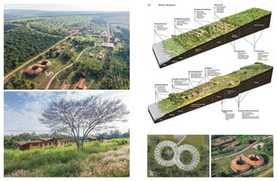 A collage of images and diagrams presenting an architectural and landscape design project. The main images include an aerial view of a campus with a prominent figure-eight shaped building in a rural, green setting, and a detailed 3D cross-section diagram illustrating the site's ecological systems. Additional photos show a ground-level view of a building in a meadow, a top-down site plan, and another aerial shot of the figure-eight structure.