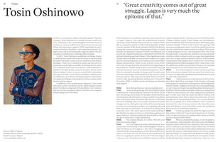 A two-page magazine spread featuring an article on architect Tosin Oshinowo. The left page has a large portrait of Oshinowo, a Black woman with her arms crossed, wearing blue cat-eye glasses and a sheer blue top with embroidery. The right page continues the article, headed by a large pull quote about how great creativity comes from great struggle.