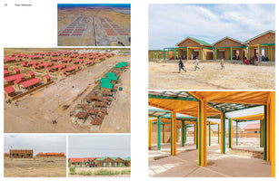 A photo collage showcasing a large housing development in a dry, arid landscape. Aerial shots show the expansive, grid-like layout of single-story, earth-toned homes with red and green roofs. Ground-level photos detail the architecture, including bright green and yellow open-air steel-framed walkways and verandas, with people walking and sitting in the community.