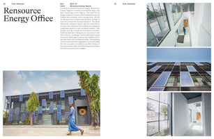 A two-page magazine spread about the Rensource Energy Office by Tosin Oshinowo. A large photo on the left shows the modern building's dark exterior covered in a grid of solar panels. Three smaller photos on the right show the building's bright, minimalist interior from different angles and a close-up of the solar panel facade.