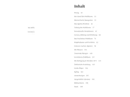 A table of contents in German, titled Inhalt, on a white page. On the left is a dedication: Für MTh and G & K & L. The main column on the right lists chapter titles and page numbers, beginning with Prolog on page 10 and ending with Dank on page 199.