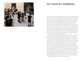 A two-page spread from a book. The left page features a photograph by Thomas Struth showing a crowd of visitors, including schoolchildren in uniforms, viewing the painting Las Meninas in the Prado Museum. The right page contains German text under the headline Der Anteil des Publikums. Page numbers 14 and 15 are at the bottom.