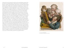 A page from a book showing a colored caricature by Louis-Léopold Boilly, titled Les amateurs de tableaux. A group of men and one woman in early 19th-century attire crowd together, peering intently at a small framed painting with comical, exaggerated expressions of concentration. Some use spectacles and a magnifying glass for a closer look.