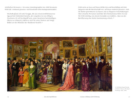 A page from a book displaying the painting A Private View at the Royal Academy, 1881 by William Powell Frith. The artwork shows a large, dense crowd of elegantly dressed Victorians in a grand art gallery. Men in top hats and women in elaborate gowns socialize and observe the numerous paintings that cover the walls from floor to ceiling in a salon-style hanging.