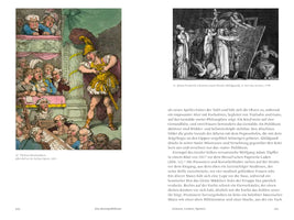 A two-page spread from a book. The left page features a colorful 1811 caricature by Thomas Rowlandson titled John Bull at the Italian Opera, showing a singer in costume on stage and a boisterous audience. The right page displays a black-and-white 1786 engraving by Johan Frederick Clemens above several paragraphs of German text.