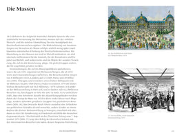 A page from a German book titled Die Massen. On the left is a column of text. On the right are two historical illustrations from 1878 with captions. The top image is a color drawing of a crowd in front of the ornate Palais du Champ-de-Mars. The bottom image is a black and white drawing of people inside an art exhibition.