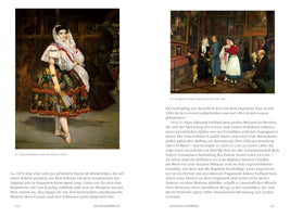 An open book displays pages 132 and 133 in German. The left page features Édouard Manet's painting Lola von Valencia, a portrait of a woman in an ornate, floral Spanish-style dress holding a fan. The right page features Benjamin Vautier's painting Bauern im Museum, showing a group of people in traditional clothing viewing art in a gallery.