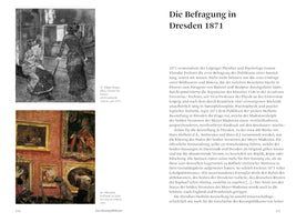 A two-page spread from a German publication titled Die Befragung in Dresden 1871. The left page shows two artworks: a black-and-white piece by Edgar Degas of Mary Cassatt in the Louvre, and a color painting by Edouard Vuillard of a crowded gallery with red walls. The right page consists of a large block of German text.
