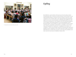 A two-page spread from a book in German. On the left, a photograph shows a large crowd of people in a museum gallery, holding up cameras and phones to see the Mona Lisa. A caption below identifies it as a crowd of pilgrims from 2005. On the right, under the heading Epilog, is a block of text. The page numbers are 164 and 165.