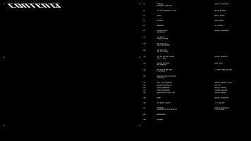 A two-page spread of a table of contents with white text on a black background. The left page features the word CONTENTS in a large, stylized, futuristic font. The right page lists chapter titles, authors, and page numbers in a simple, monospaced font. Titles include The Desert Turned to Glass and Quantum Mechanics and Cosmology.