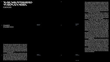 A two-page spread from a book with a minimalist design, featuring white text on a black background. The left page shows the title BACKGROUND RADIATION in a stylized, angular font, followed by FOREWORD and text by CHARLES STANKIEVECH. The right page displays a full column of text. Page numbers and running headers are visible in the margins.